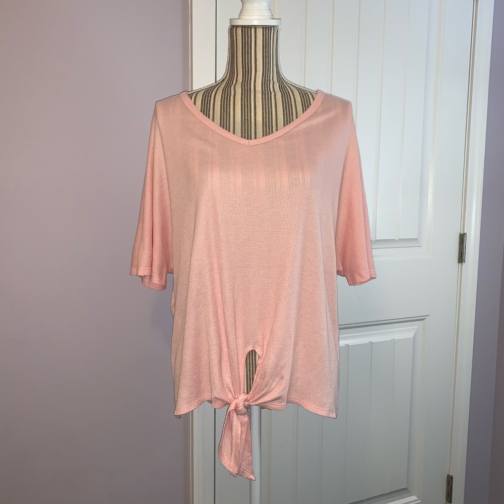 Oversized Waffle Knit Dolman Pink Front Tie Top